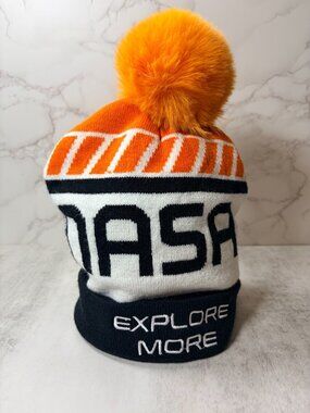 NASA Explore More Pom Beanie Hat Orange Black White One Size Mad Engine